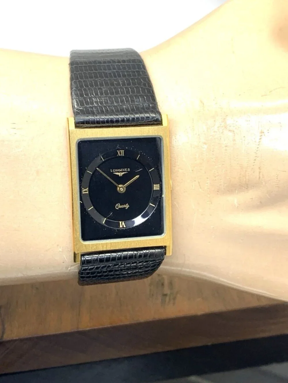 Longines Men's Watch Vintage Swiss Quartz Black Dial Gold Tone Case Tank Leather